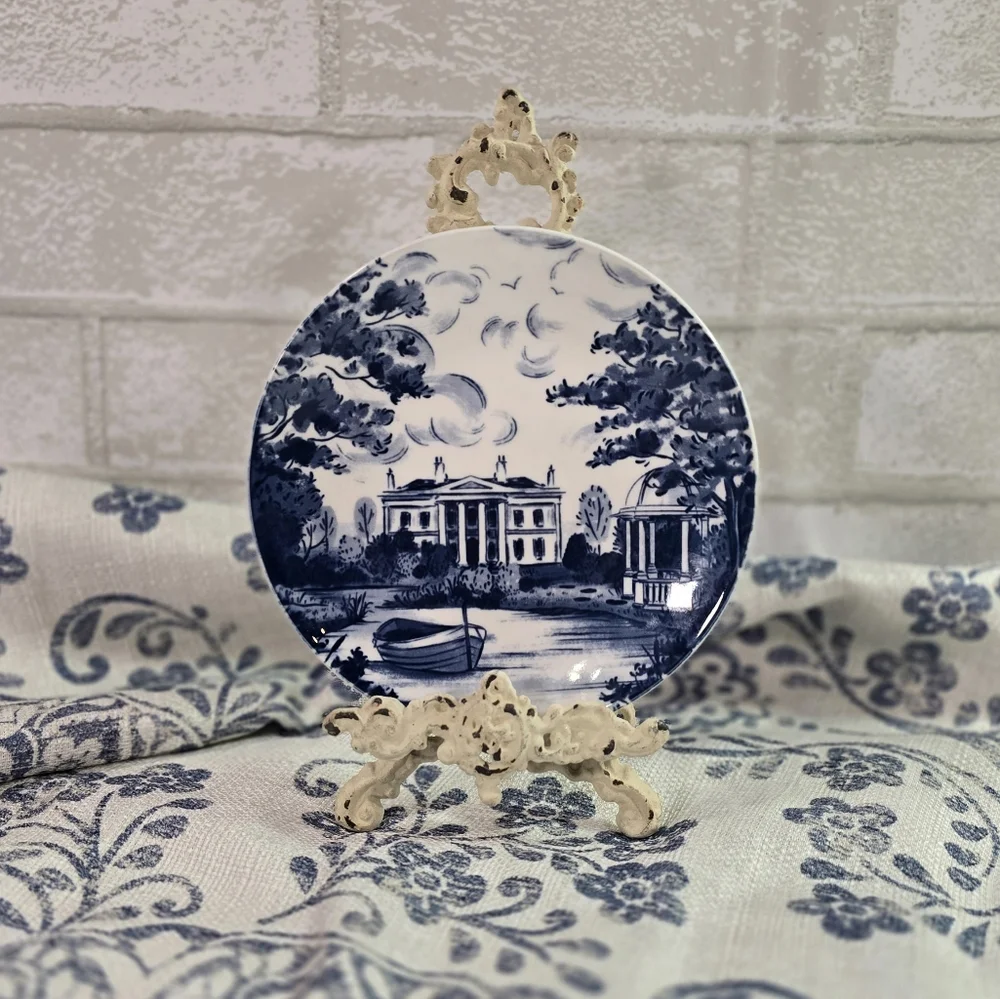 Country Heritage Blue & White Porcelain 6" Dessert Plates Set of 4 Cottage Farm - Picture 7 of 8